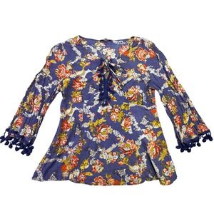 Miss Me Shirt Women's Medium Floral Print Tunic Top Blouse Bell Sleeve Blue